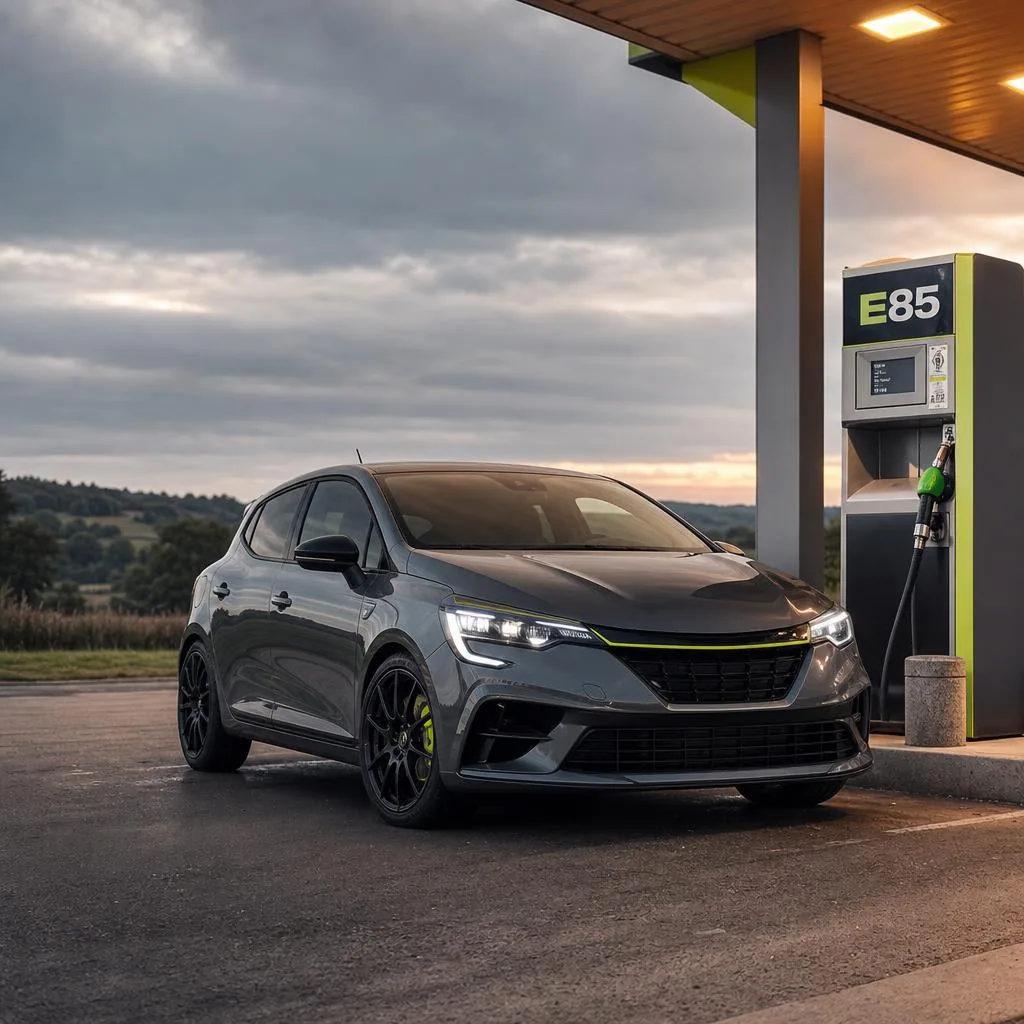 Voiture essence stationnée devant une pompe Superéthanol-E85 en France