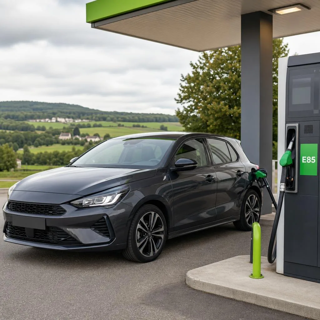 Voiture essence faisant le plein de Superéthanol-E85 dans une station-service